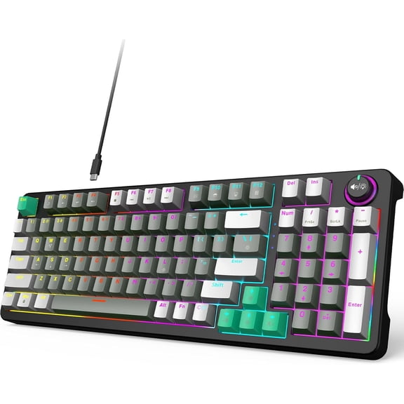 Mechanical Gaming Keyboard with  Backlit, Blue , Volume Knob, 96  Full Size Compact  Wired Computer Keyboards for Office  Laptop PC &  Gamer - Grey & Black