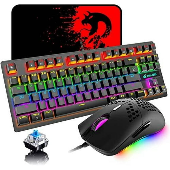 Mechanical Gaming Keyboard Blue Switch Mini 82 Keys Wired Rainbow LED Backlit Keyboard,Lightweight Gaming Mouse 6400DPI Honeycomb Optical,Gaming Mouse Pad for PC Gamers(Black)