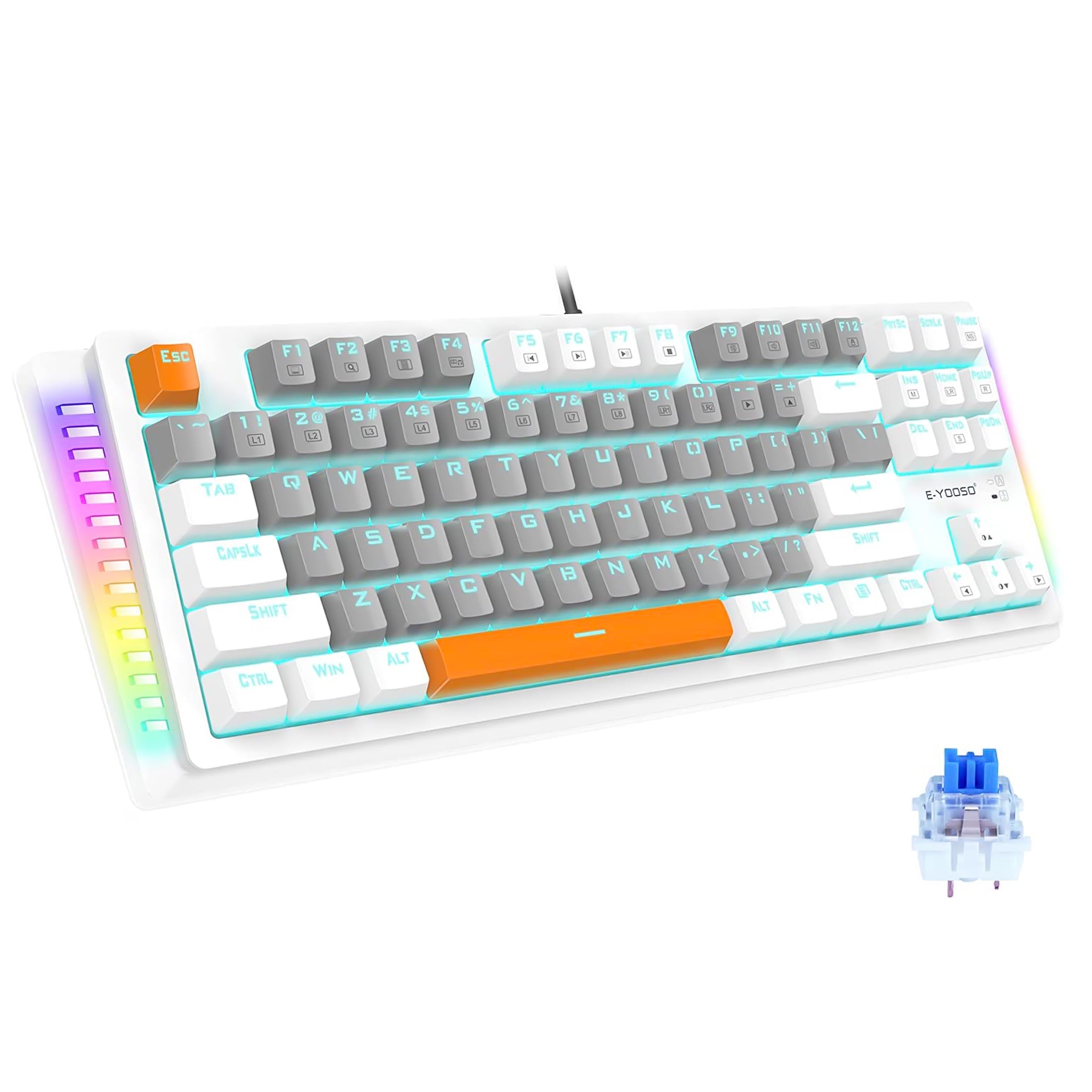 Mechanical Gaming Keyboard, E-YOOSO Wired 75% Mechanical Keyboard with Blue Switches, 87 Keys Gaming Keyboard with Solid Color Backlit & RGB LED Sidelight for Windows Mac PC Gaming