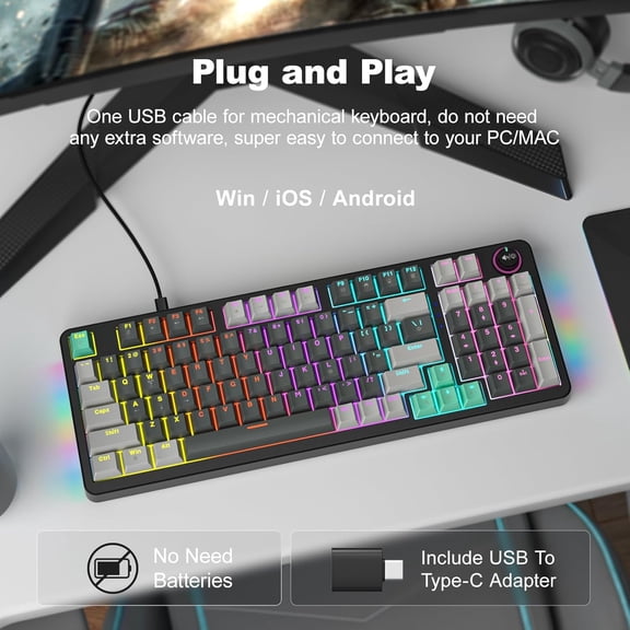 Mechanical Gaming Keyboard with LED Backlit, Blue Switch, Volume Knob, 96 Keys Full Size Compact USB Wired Computer Keyboards for Office Windows Laptop PC & Mac Gamer - Grey & Black