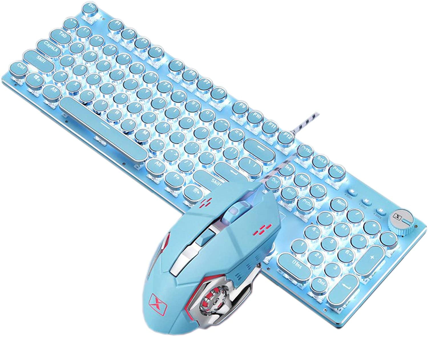 Mechanical Gaming Keyboard and Mouse Combination, Retro Steampunk Old Typewriter Keyboard with LED Backlight, 104-key Anti-ghosting Blue Switch Wired USB Metal Panel Round Keycap, Pink