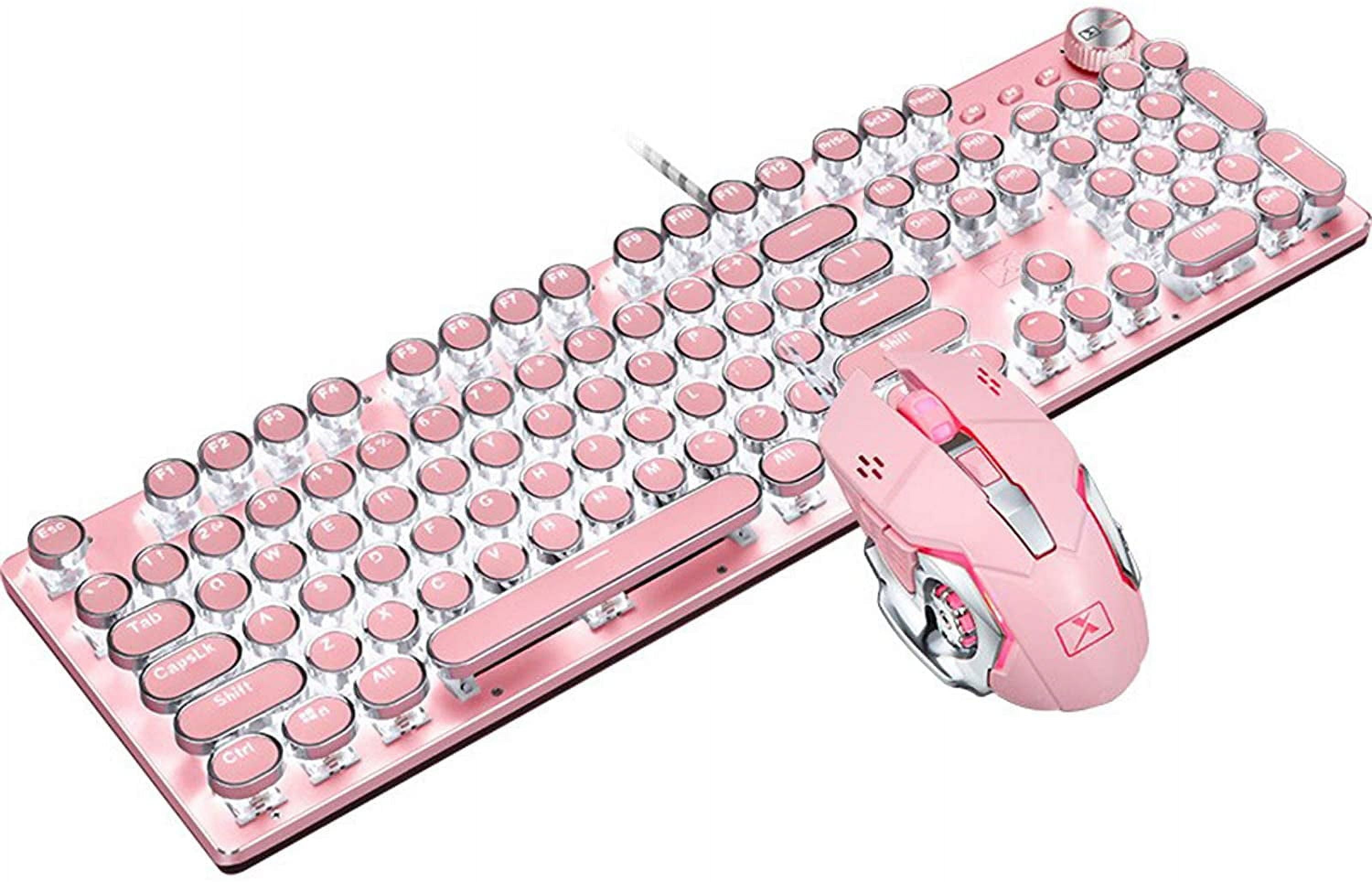Mechanical Gaming Keyboard and Mouse Combination, Retro Steampunk Old Typewriter Keyboard with LED Backlight, 104-key Anti-ghosting Blue Switch Wired USB Metal Panel Round Keycap, Pink