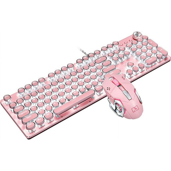 Mechanical Gaming Keyboard and Mouse Combination, Retro Steampunk Old Typewriter Keyboard with LED Backlight, 104-key Anti-ghosting Blue Switch Wired USB Metal Panel Round Keycap, Pink