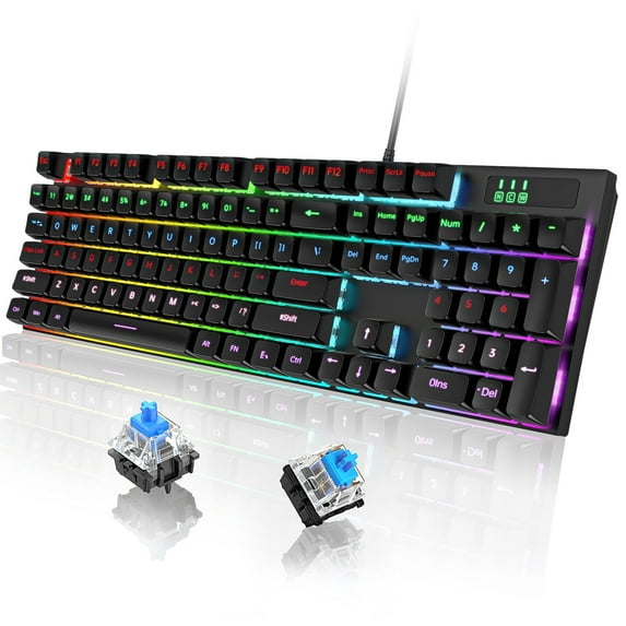 Mechanical Gaming Keyboard, RGB 104 Keys USB Wired Keyboard with Blue Switch, LED Backlit, Durable Keycaps/Anti-Ghosting/Spill-Resistant/Anti-Dust Gaming Keyboard for Windows PC Computer Laptop