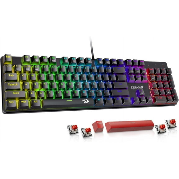 Mechanical Gaming Keyboard Wired, 11 Programmable Backlit Modes, Hot-Swappable Red Switch, Anti-Ghosting, Double-Shot PBT Keycaps, Light Up Keyboard for PC Mac