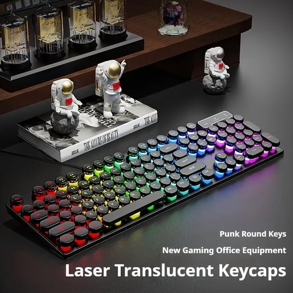 Mechanical Gaming Keyboard with Blue Switches, RGB Backlit Wired USB Keyboard, Retro Round Keys & Wrist Rest, Black