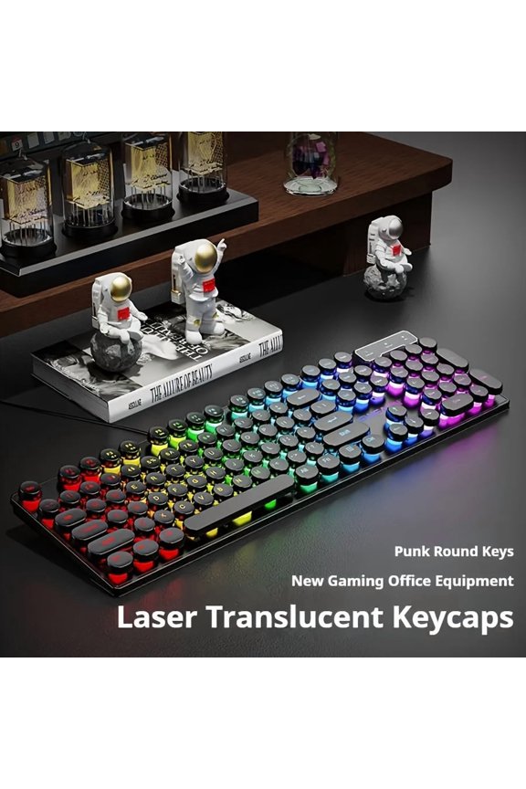 Mechanical Gaming Keyboard with Blue Switches, RGB Backlit Wired USB Keyboard, Retro Round Keys & Wrist Rest, Black