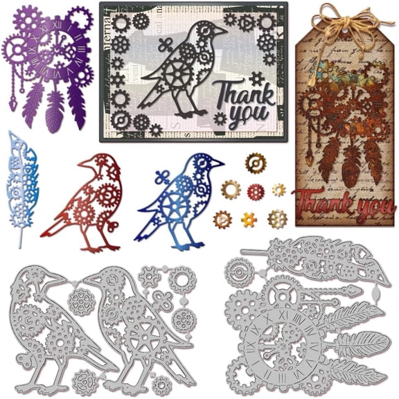 Mechanical Gear Bird Cutting Dies for DIY Scrapbooking Metal Gear Feather Cut Dies Gear Clock Die Cuts for Card Making Embossing Photo Album Craft Decor