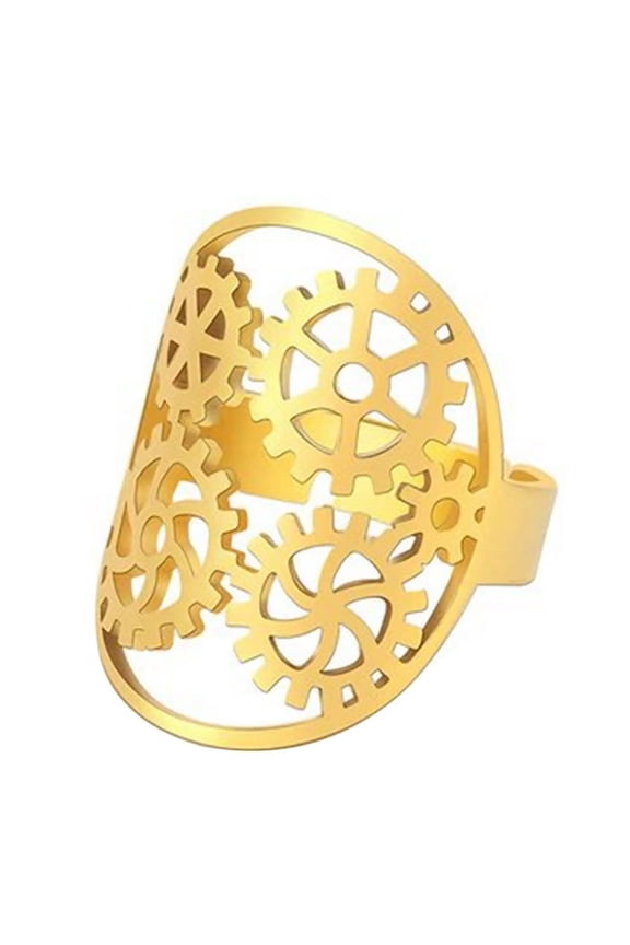Mechanical Gear Ring Gold PVD Stainless Steel Adjustable Steampunk Band