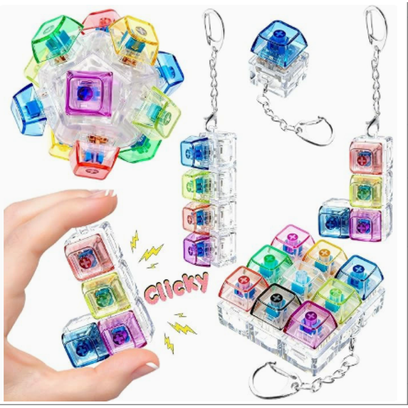Fidget Button Key Chain Mechanical Keyboard Fidget Keychain, 5-Piece Transparent Clicker Stress ...