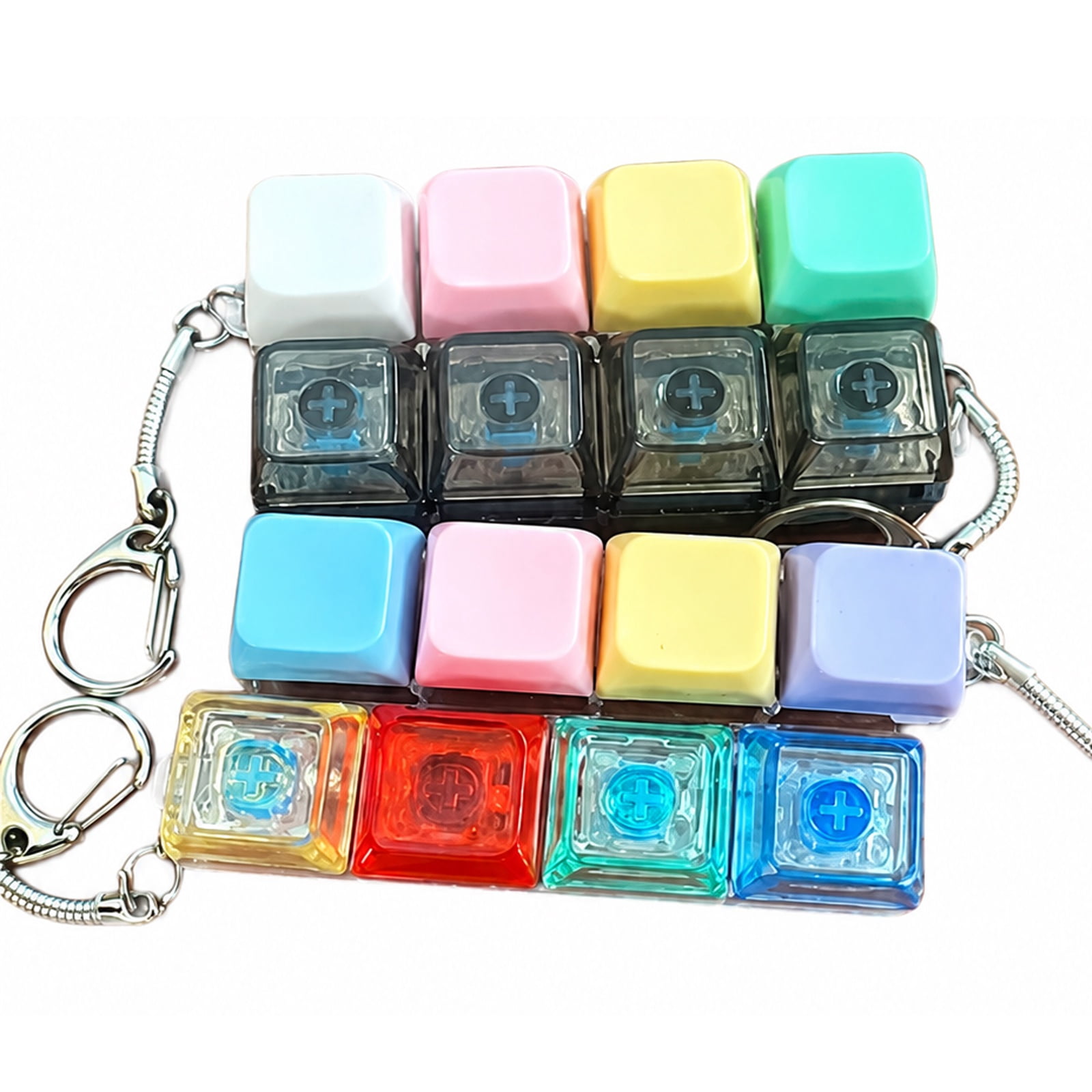 Mechanical Keyboard Fidget Keychain Compact Finger Clicker Toy with LED Light 2 pcs Colorful + 2 pcs Transparent Keyboard Chain - 4 pcs