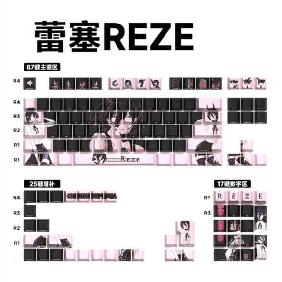 Mechanical Keyboard Keycap Set for MAD68, Nightly, ATK, Wooting - Pink Reze Chainsaw Man Design, PBT Side Print Shine-Through Keycaps