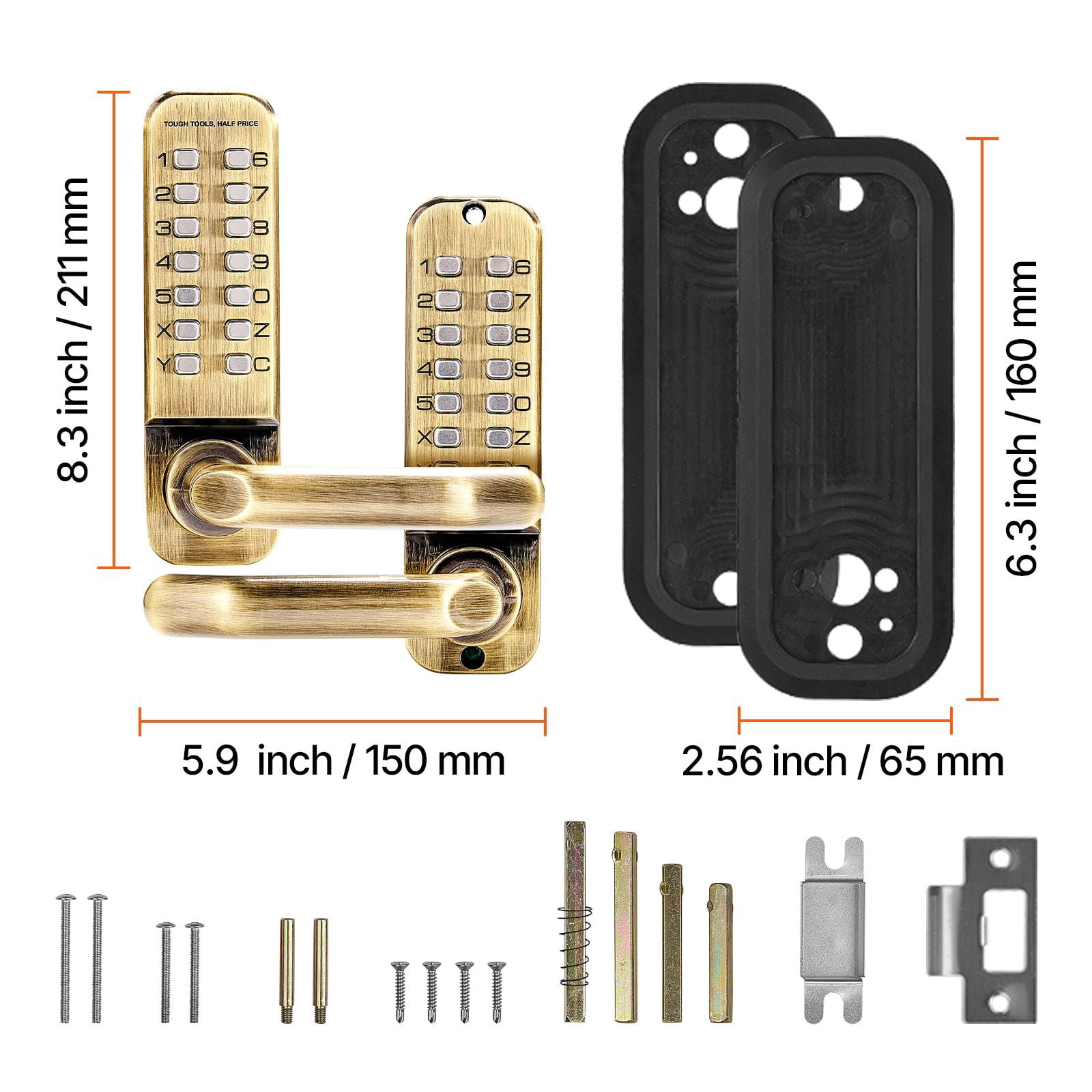 Mechanical Keyless Door Lock Gen2 Double-Sided 4-7 Digit Code No Batteries 1.4-2.5 Inch Door Thickness for Gate Garage