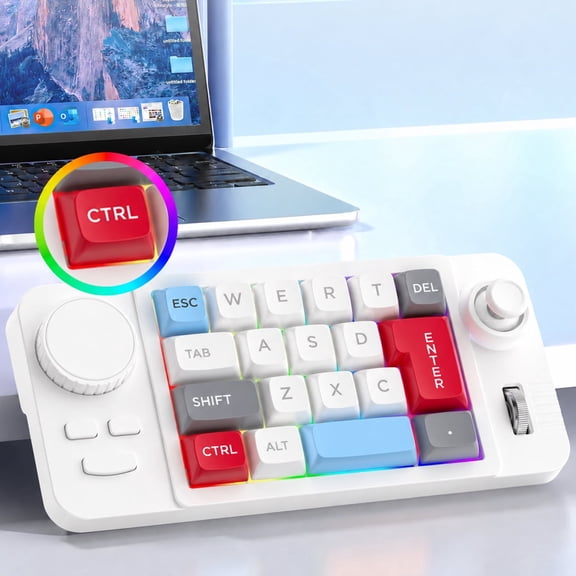 Mechanical Keypad, Double Scroll Wheel Macro Keyboard, 19 Programmable Keys, One-Handed RGB Backlit Gaming Keyboard with Knob Roller Joystick for Work Game (White)