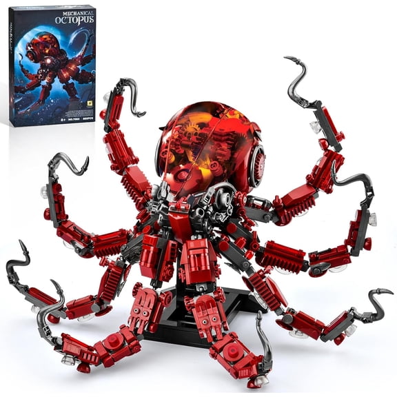 Mechanical Octopus Building Sets ,Ocean Animal Collection Toy with Display Stand and Light, Home Office Decor (882PCS)