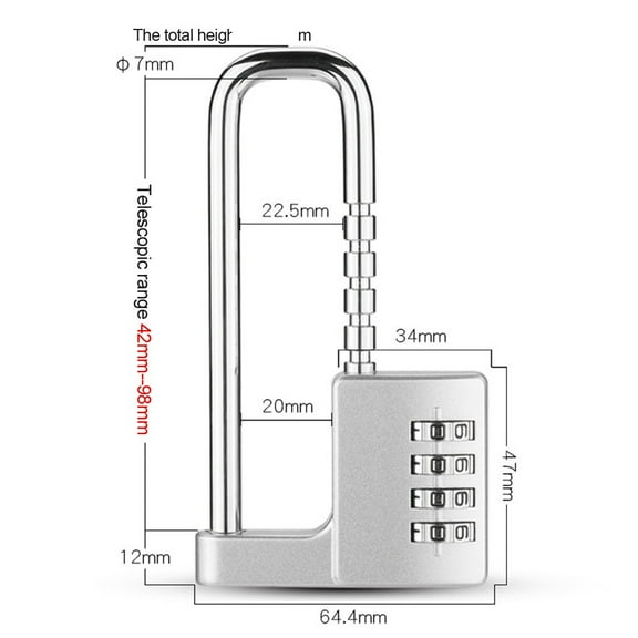 Mechanical Password Padlock with Extended U Shaped Adjustable Lock for File Cabinets Wardrobes Doors Alloy Steel Construction Providing Secure Protection (Silver)