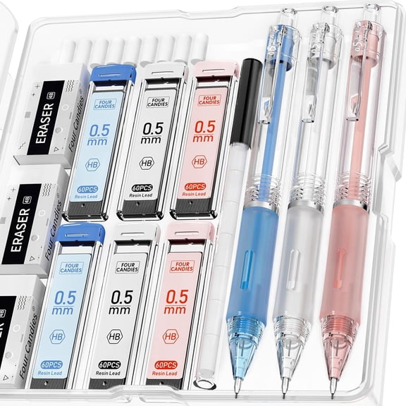 Mechanical Pencil Set with Case, 3PCS Aesthetic Mechanical Pencils 0.5 mm with 360PCS HB Lead Refills, 12PCS Erasers, Cute Mechanical Pencils for Writing, Drawing and Sketching