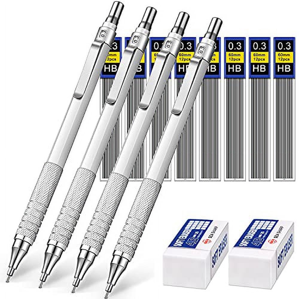 Mechanical Pencils Set, 4 Pieces Automatic Metal Mechanical Pencils, 8 Pieces HB Pencil Leads