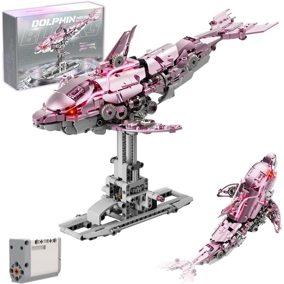 Mechanical Pink Dolphin Building Blocks Linkage Kit, Sea Animal Model with Lighting, Display Stand, STEM Power Toy, DIY Desktop Ornament for Kids & Adults Ages 14+, Birthday Gift Idea, 888pcs