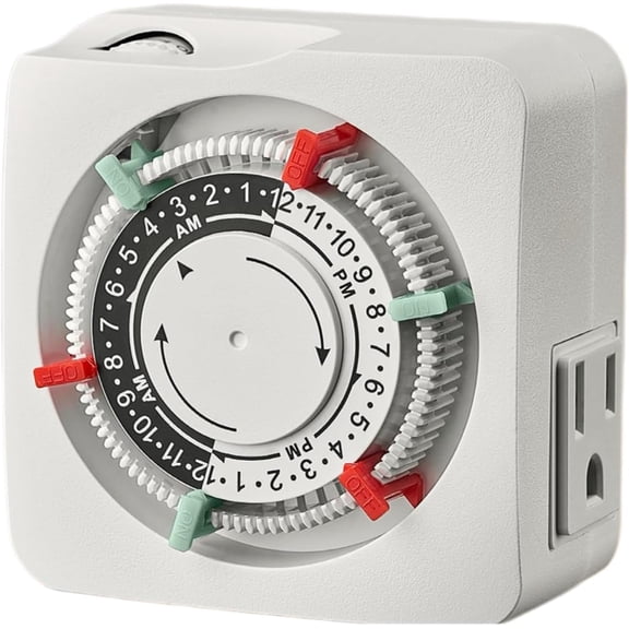 Mechanical Plug in Timer with Trippers,Indoor Timer for Electrical Outlets, 24-Hour Programmable, 2 Grounded Receptacles Outlets for Lamps,Christmas Decorations,Lights, Fan, 15A