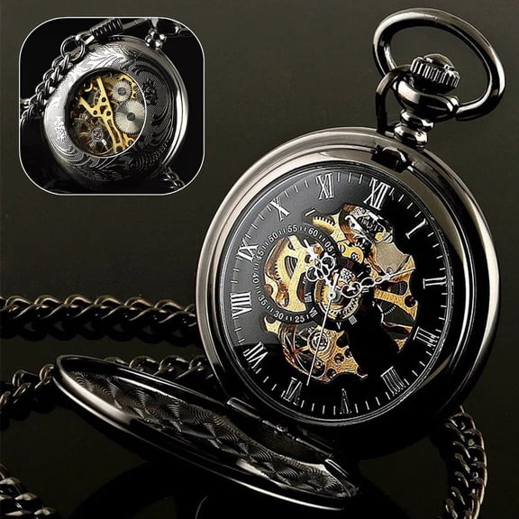 Mechanical Pocket Watch for Men Black Steampunk Skeleton Retro Chain Classic Vintage Style Self-Winding Analog Timepiece with Roman Numerals and Belt Loop Chain Gift