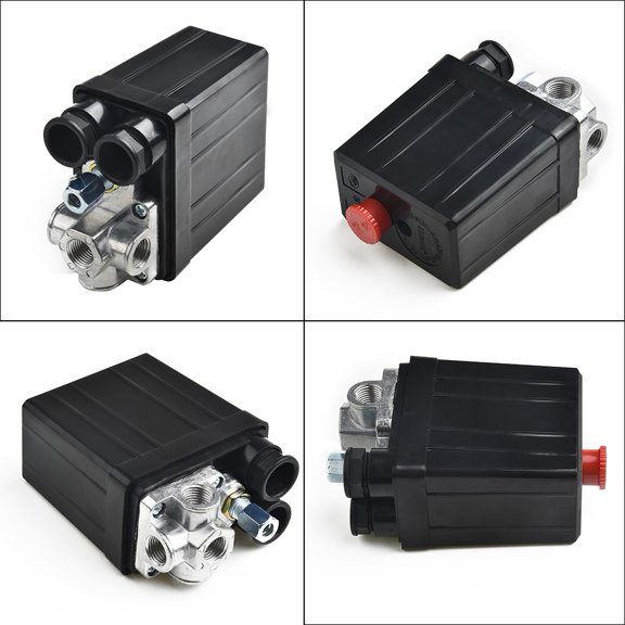Mechanical Pressure Switch Vertical Four-way Control Valve Replacement for Air Compressor Pumps Rated 220/380V 36V and Below with 6MM Exhaust Pipe and 9.5MM Pressure Port