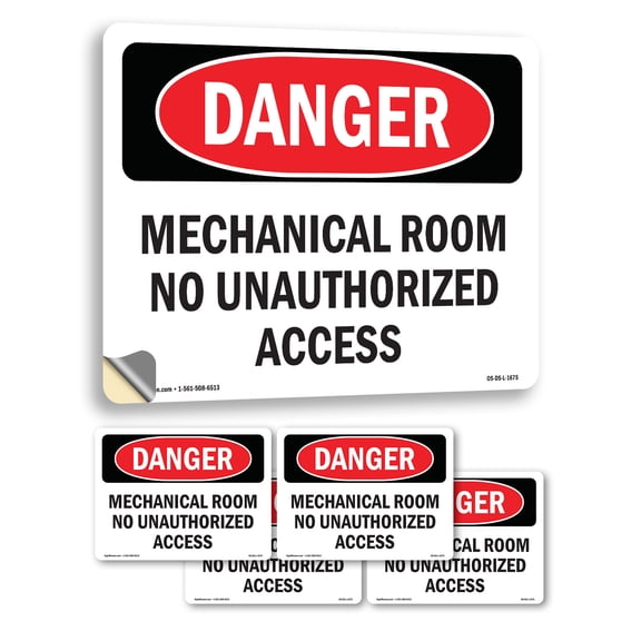 Mechanical Room No Unauthorized Access OSHA Danger Vinyl Decal Label 7 Inch x 5 Inch - 5 Pack