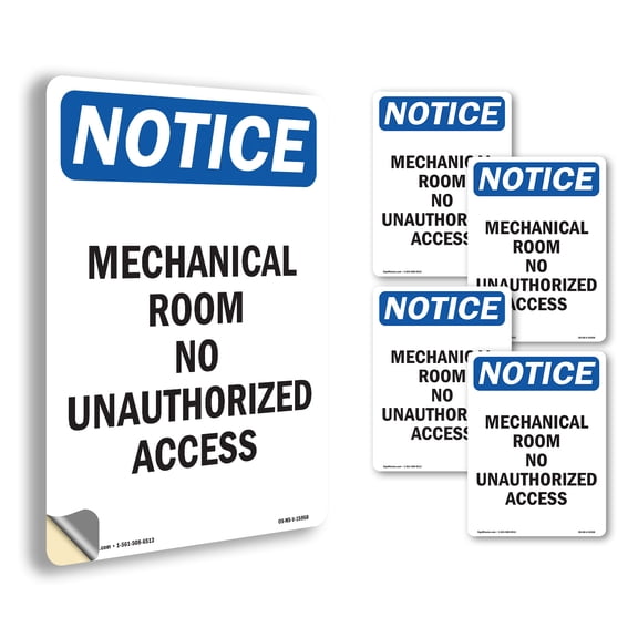 Mechanical Room No Unauthorized Access OSHA Notice Vinyl Decal Label 14 Inch x 10 Inch - 5 Pack