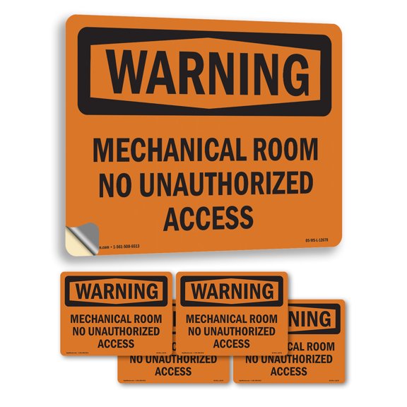Mechanical Room No Unauthorized Access OSHA WARNING Vinyl Decal Label 7 Inch x 5 Inch - 5 Pack