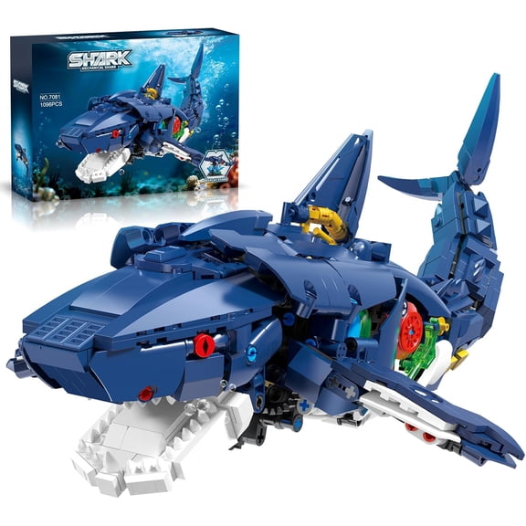 Mechanical Shark Building Block Set, Exposed Internal Gear Structure, 1096 PCS Marine Creature Assembly Model Toy for Teenagers & Adult Collectors