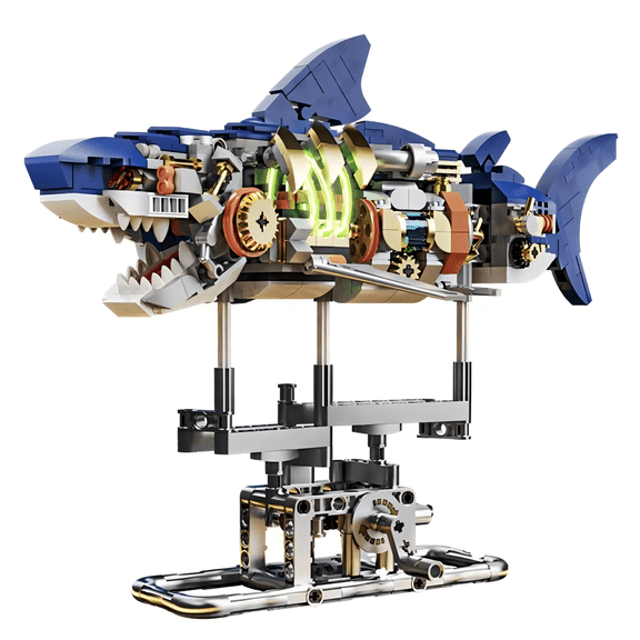 Mechanical Shark Building Blocks Set, Cyberpunk Glowing Marine Model with Display Stand, Creative Birthday Gift, Home Office Table Centerpiece