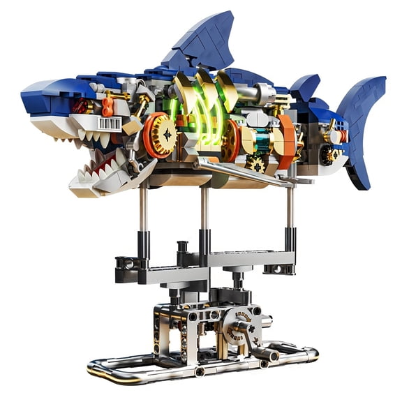 Mechanical Shark Building Set with LED Light, 687 PCS Movable Ocean Animal with Display Stand, Sea Fish Building Block Toy, Home Decor Gift for Adults Teens Kids Boys Ages 12+(Compatible with Legos)