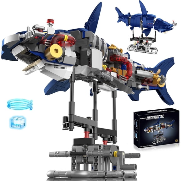 Mechanical Shark Building Set with Lights, Rotatable Link Components & Display Stand, STEM Building Set Home Office Decor for Adults, Mechanical Enthusiasts631PCS