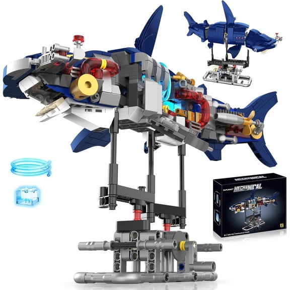 Mechanical Shark Building Set with Lights, Rotatable Link Components & Display Stand, STEM Building Set,Home Office Decor for Adults, Mechanical Enthusiasts631PCS