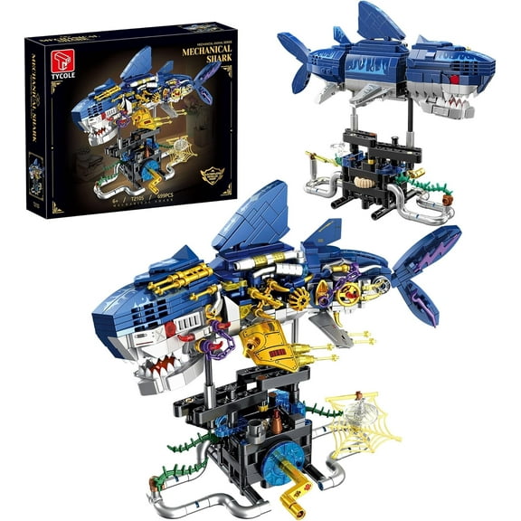 Mechanical Shark Building Set with Rotatable Function and Display Stand Sea Animal STEM Toy Compatible with Trend Bricks, (699PCS)