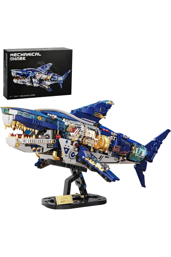 BNG Mechanical Shark Building Sets for Adult, Ocean Animal Building Block with Display Stand and Light, Sea Fish Collection STEM Toy