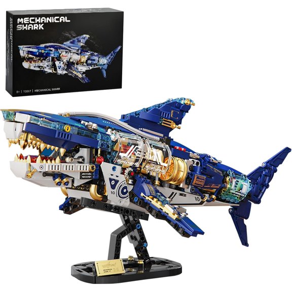 Mechanical Shark Building Sets ,Ocean Animal Building Block with Display Stand and Light, Sea Fish Collection STEM Toy,Home Office Decor