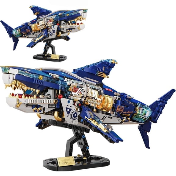 Mechanical Shark Building Sets ,Ocean Animal Building Block with Display Stand and Light, Sea Fish Collection STEM Toy,Home Office Decor