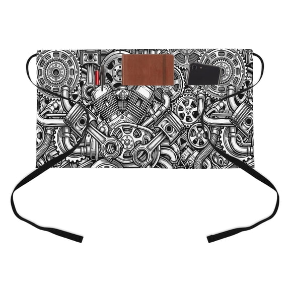 Mechanical Structure Kitchen Restaurant Half Waist Apron, Modern Industrial Metal Mechanical Parts Server Short Apron with 3 Pockets Waterproof Oil Waist Aprons for Women Waitress Waiter