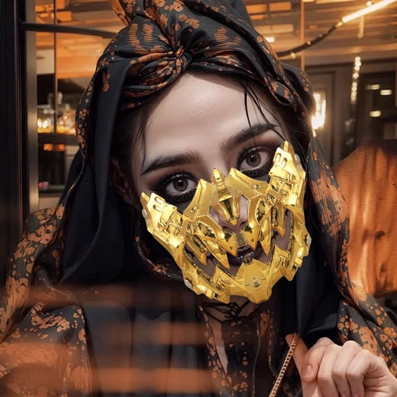 Mechanical Style Cosplay Mask Halloween Scary Teeth Design Plastic Gold One Size 1 Count