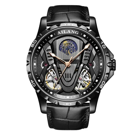 Mechanical Style Double Tourbillon Design Mechanical Watch Men Sports Leather Moon Phase Automata Mens Classic Wrist Watches