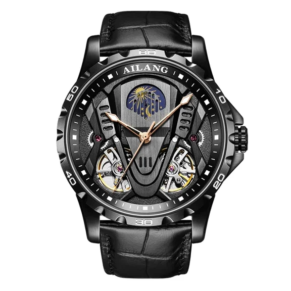 Mechanical Style Double Tourbillon Design Mechanical Watch Men Sports Leather Moon Phase Automata Mens Classic Wrist Watches