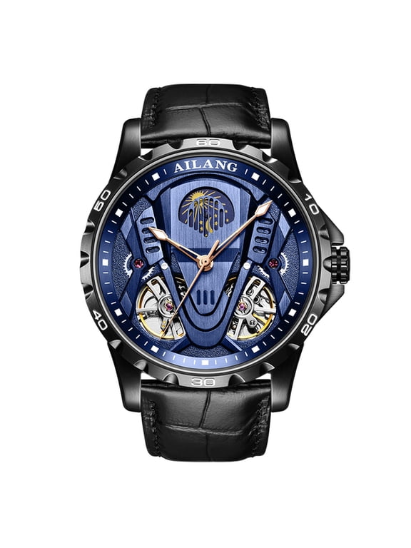 Mechanical Style Double Tourbillon Design Mechanical Watch Men Sports Leather Moon Phase Automata Mens Classic Wrist Watches