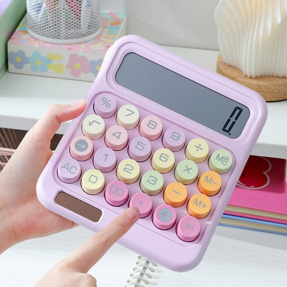 Mechanical Switch Calculator with Big Buttons, Desktop, 12 Digits, Solar Battery Power, Large LCD Display, Cute Purple for Teachers, Students, Office