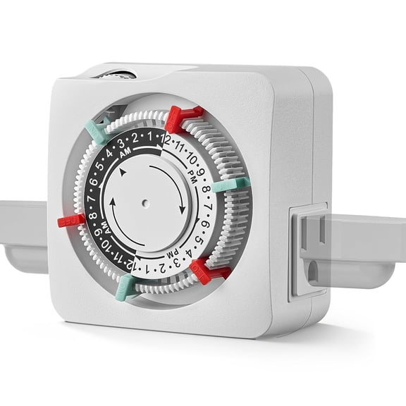 Mechanical Timer with 2 Grounded Outlets, Dual 3 Prong Outlets, Indoor Electrical Plug in Timer with Trippers, 24-Hour Programmable for Christmas Decorations, Plant Lights, Fan, 15A, White