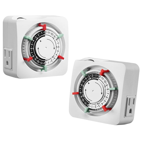 Mechanical Timer with 2 Grounded Outlets, Indoor Electrical Plug in Timer with Trippers, 24-Hour Programmable and 3 Prong for Christmas Decorations, Plant Lights, Fan, 15A, White, 2 Pack