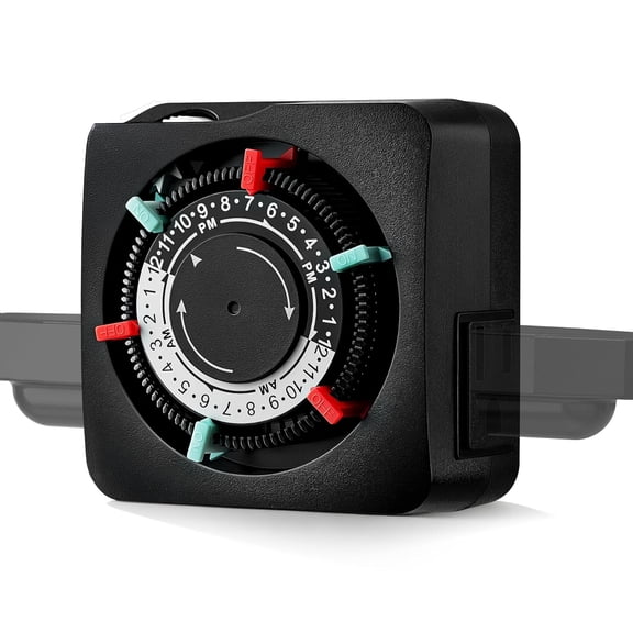 Mechanical Timer with 2 Grounded Outlets, Indoor Electrical Plug in Timer with Trippers, 24-Hour Programmable and 3 Prong Outlets for Christmas Decorations, Plant Lights, Fan, 15A, Black