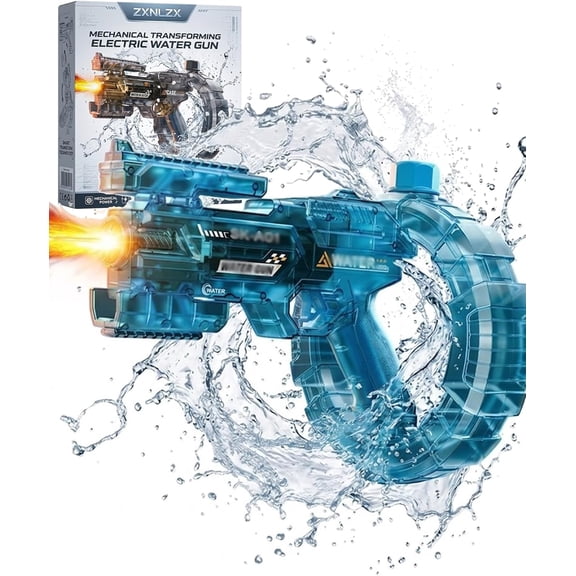 Mechanical Transforming Electric Water Gun, Automatic Water Blaster with Realistic LED Strobe Light Effects and 32FT Long Range IPX7 Fully Waterproof Space for Adults Summer Pool Beach (Blue)