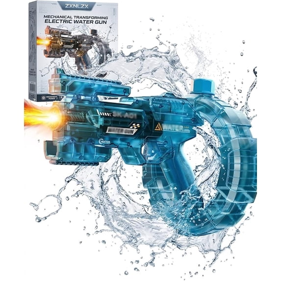 Mechanical Transforming Electric Water Gun, Automatic Water Blaster with Realistic LED Strobe Light Effects and 32FT Long Range IPX7 Fully Waterproof Space for Adults Summer Pool Beach (Blue)