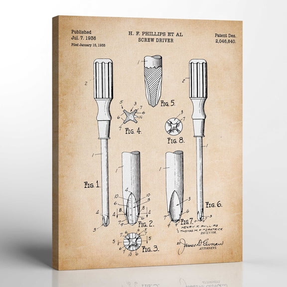 Mechanical Wall Art, Garage Wall Art, Screw Driver Patent Canvas Print, Ready To Hang for Living Room Home Wall Art, C2318b-16x20